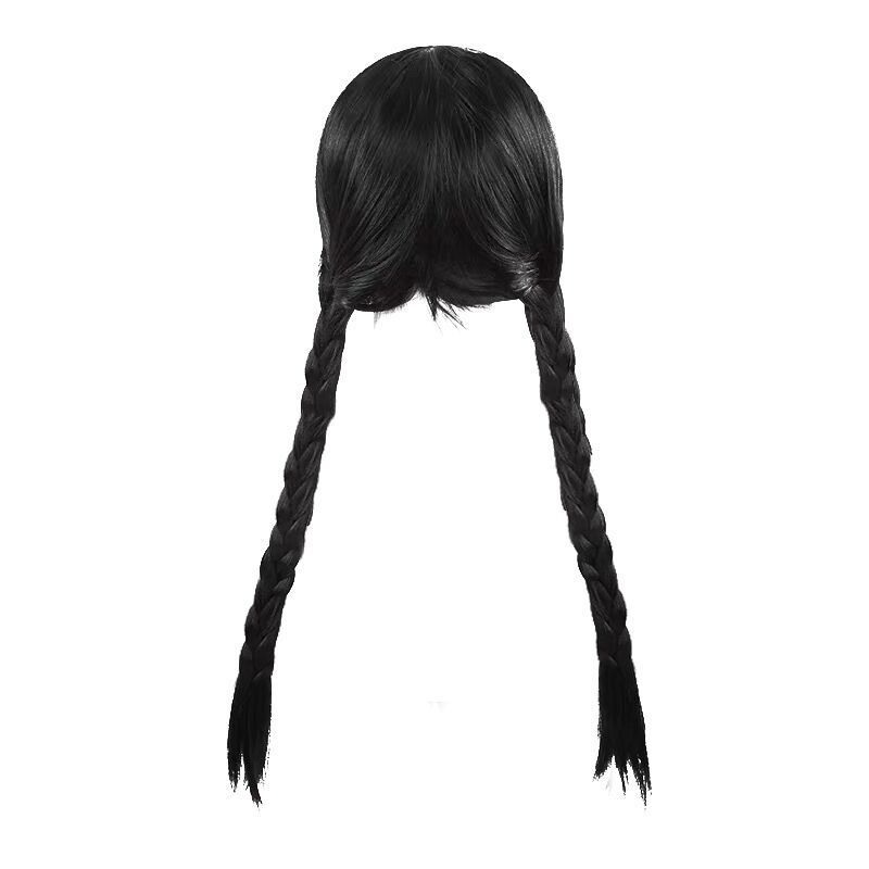 Niñas fruzca negra doble cola de caballo trenzada cos miércoles peluca fiesta de Halloween peluca infantil