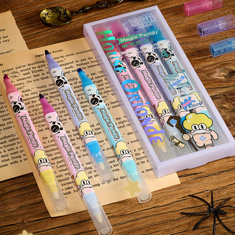Resaltador de doble cabeza que cambia de color para estudiantes de primaria, marcador de dibujos animados para niños, resaltador nuevo, bolígrafo multicolor