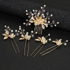 5ピースの金の叶のヘアピンの花の真珠のヘアフォークの花嫁のヘアピンの髪饰りのレトロな结婚式の髪饰りは、レディースに适しています