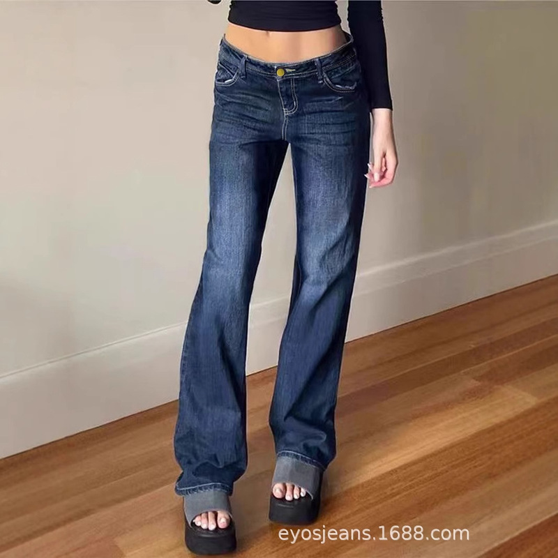 SHEIN Cross-border Women's American Retro Style Simple Solid Color Low Waist Casual Jeans Elegant All-match Slim Look Straight