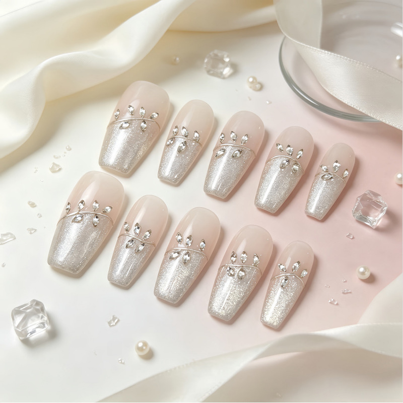 Cat-Eye French-Style Wheat Ear Rhinestones Elegant Light Luxury Nail Art Dazzling Versatile Ins-Style Pure Handmade Wearable Nails Finished Nail Pieces
