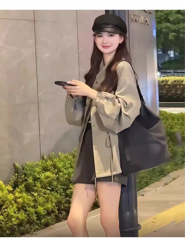 韩系抽绳收腰风衣外套女中长款2025早春秋季英伦风小个子夹克上衣|undefined