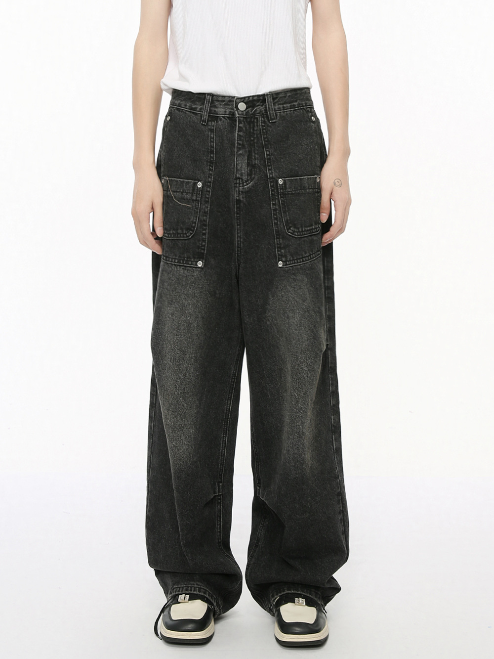 MTLCLOTHES Hombres| Otoño nicho bolsillo de empalme callejera alta recta pantalones de pierna ancha lavado con agua jeans sueltos