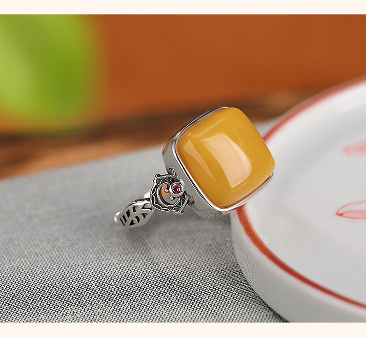 Nhẫn nữ bạc S925 hình vuông họa tiết hươu sáp ong, có thể điều chỉnh — Mở (một kích thước) chi tiết 4