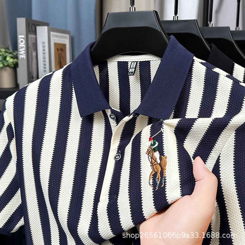 Foreign Trade E-Commerce Striped Embroidered Polo Shirt for Men, Non-Iron Short-Sleeve Top, New Style for Middle-Aged Dads, Wholesale Trendy Brand Foreign Trade E-Commerce Striped Embroidered Polo Shirt for Men, Non-Iron Short-Sleeve Top, New Style for Middle-Aged Dads, Wholesale Trendy Brand