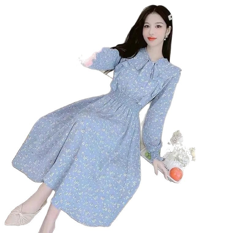 法式碎花连衣裙女春季新款女神范温韩版柔风收腰显瘦约会雪纺长裙|undefined