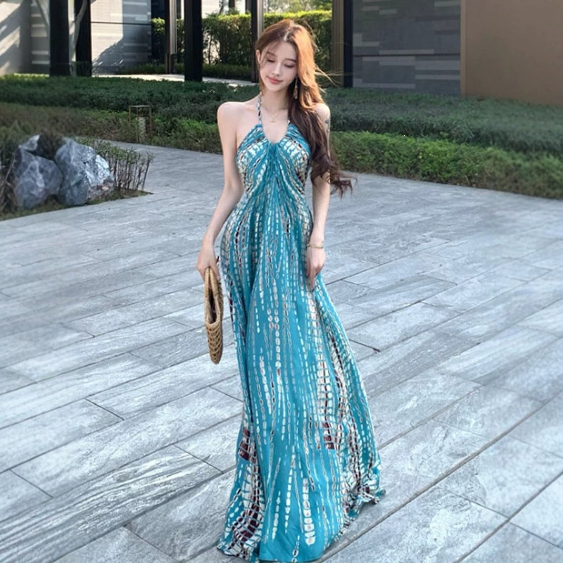 Xishuangbanna Thailand Retro Bohemian Halter Neck Dress Feminine Sexy Backless Seaside Vacation Long Dress