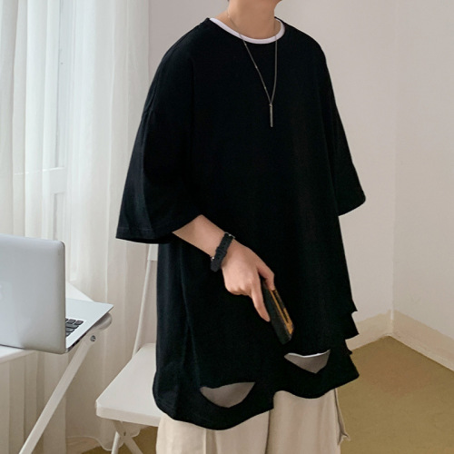 Summer brand five-point sleeve hole T-shirt for men, trendy short sleeve loose Ins casual couple round neck top base shirt