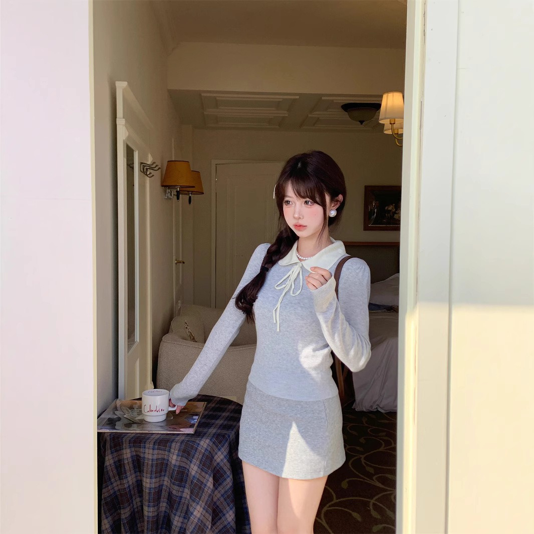 한국식 핑크 인형 칼라 긴팔 니트베이스 셔츠 여성용 가을 세련된 슬림 핏 스웨터 쇼트 스위트 탑