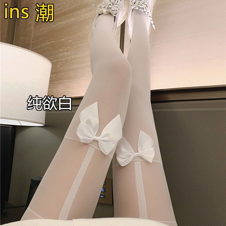 春夏季日系白色假大腿连裤袜蝴蝶结假吊带拼接袜jk假高筒黑丝袜|undefined