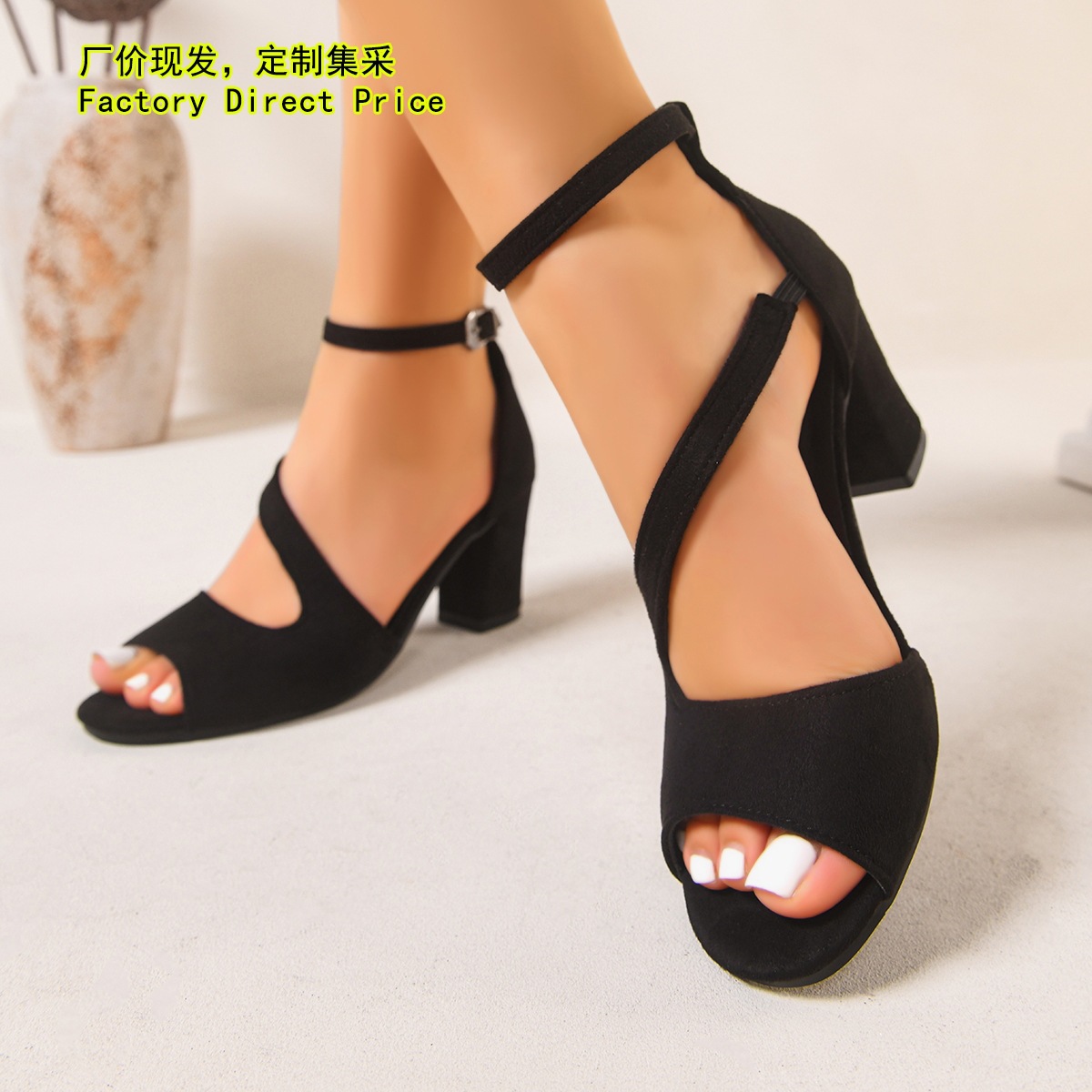 Sandalias de Tacón Ancho con Tira Talla 43 de Tejido y Caucho, Punta Cerrada para Verano image 1