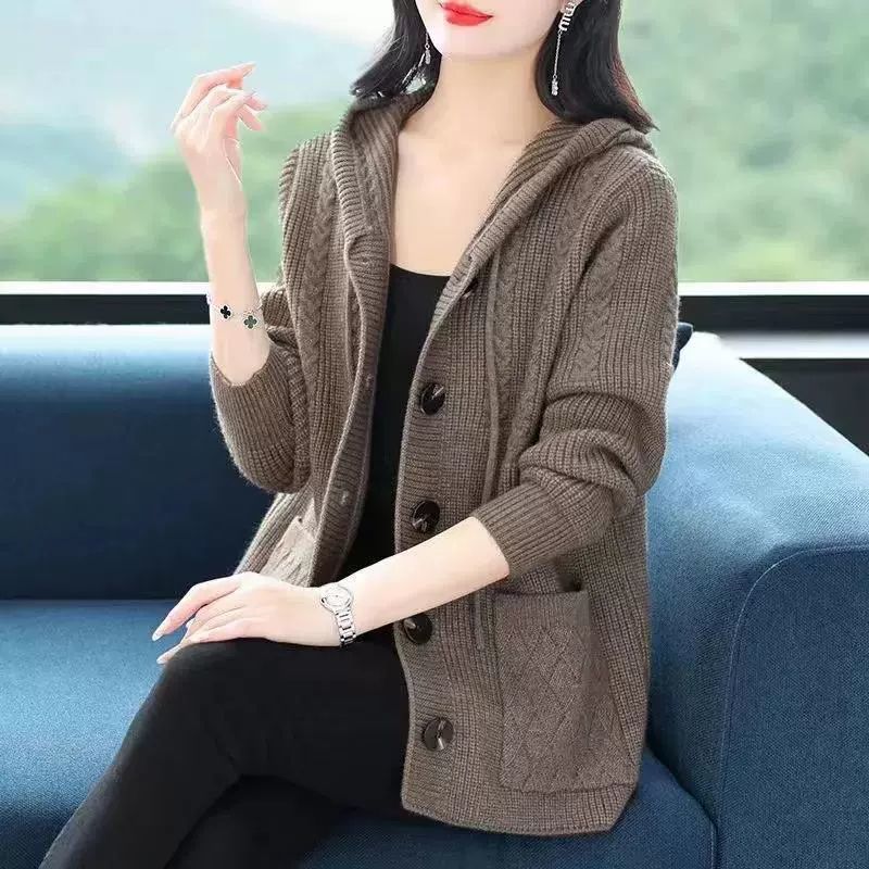 秋冬季妈妈装短款针织外套女中老年宽松加厚针织衫连帽外套上衣女|undefined
