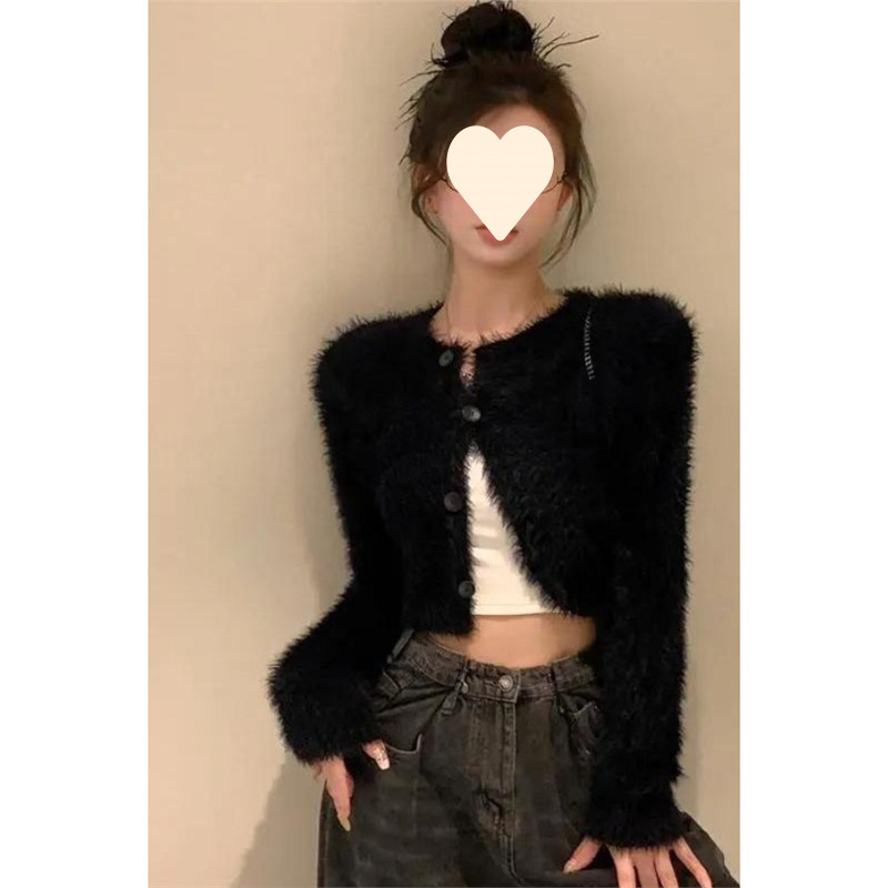 黑色毛绒氛围感毛衣女春季新款毛毛短款修身显瘦针织开衫上衣外套