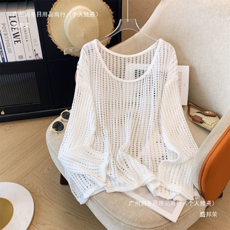 Женский трикотаж из полой шерсти, летний новый стиль, свободная блузка с защитой от солнца, дизайн с круглым вырезом, топ с длинными рукавами