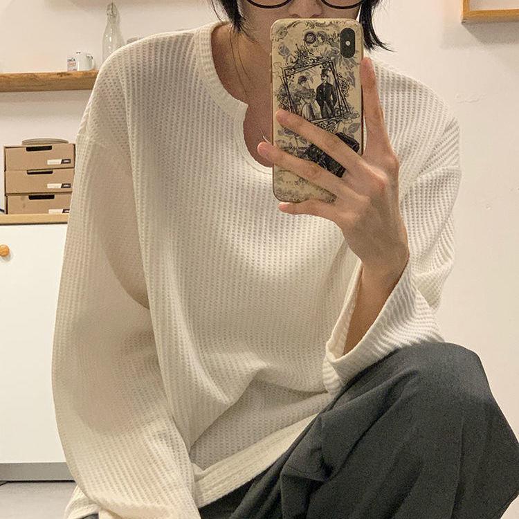 Sudadera de manga larga con cuello en U, diseño exclusivo y ajuste delgado, tejido gofrado, para mujer, nueva colección otoño 2026.