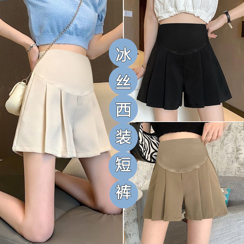 Cross-Border Taiwan Ready-Made Maternity Shorts Summer Ice Silk Suit Pants Pleated Pants Outer Wear Thin Maternity Pants Safety Pants Pregnancy Cross-Border Taiwan Ready-Made Maternity Shorts Summer Ice Silk Suit Pants Pleated Pants Outer Wear Thin Maternity Pants Safety Pants Pregnancy
