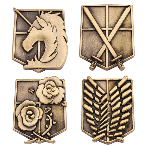 Movie and TV series themed pins, Attack on Titan series, multi-style brooches, metal pins with horsehair wings and sword designs.