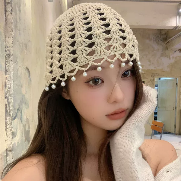 Ethnic Style Handmade Knitted Hat for Women, Summer Floral Hollow-Out Knit Cap, Headwrap Hat with Pearl Tassels