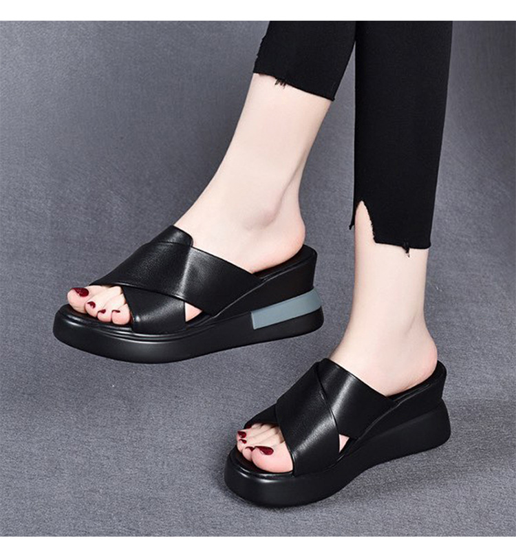 Dép sandal nữ đế xuồng da bò thật quai chữ V gót cao 9 cm — Màu đen (Da bò lớp đầu tiên) chi tiết 6