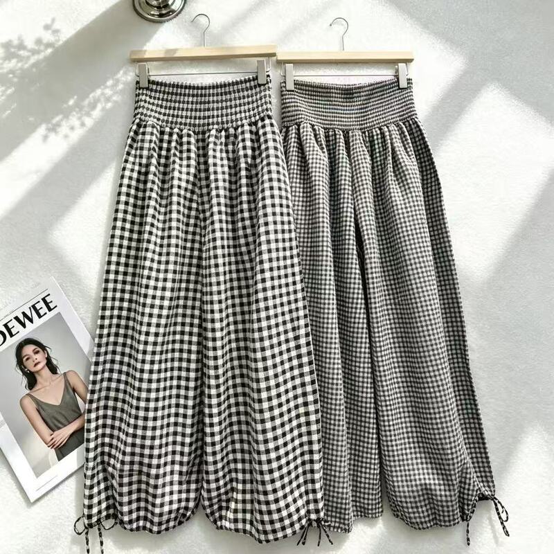 Women's plaid wide-leg pants, summer thin high-waisted loose slimming casual relaxed jogger-style two-way lantern pants