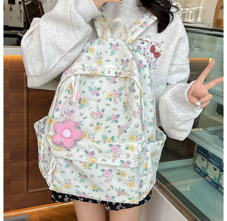 738g Weight Polyester Lining Material Sewing Thread Fashion Element Zipper Closure Type Double Shoulder Straps Strap Type Casual, School, Daily Occasion Nylon Material Waterproof Function Back To School Festival School Backpack Backpack Flower, Strawberry Pattern All Seasons Season Women's Gender Classic Style Style Square Shape Waterproof Flower Strawberry Casual School Daily School Backpack 7