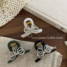 韩国新款银色串珠蝴蝶结质感交叉发夹 时尚后脑勺抓夹鲨鱼夹发饰