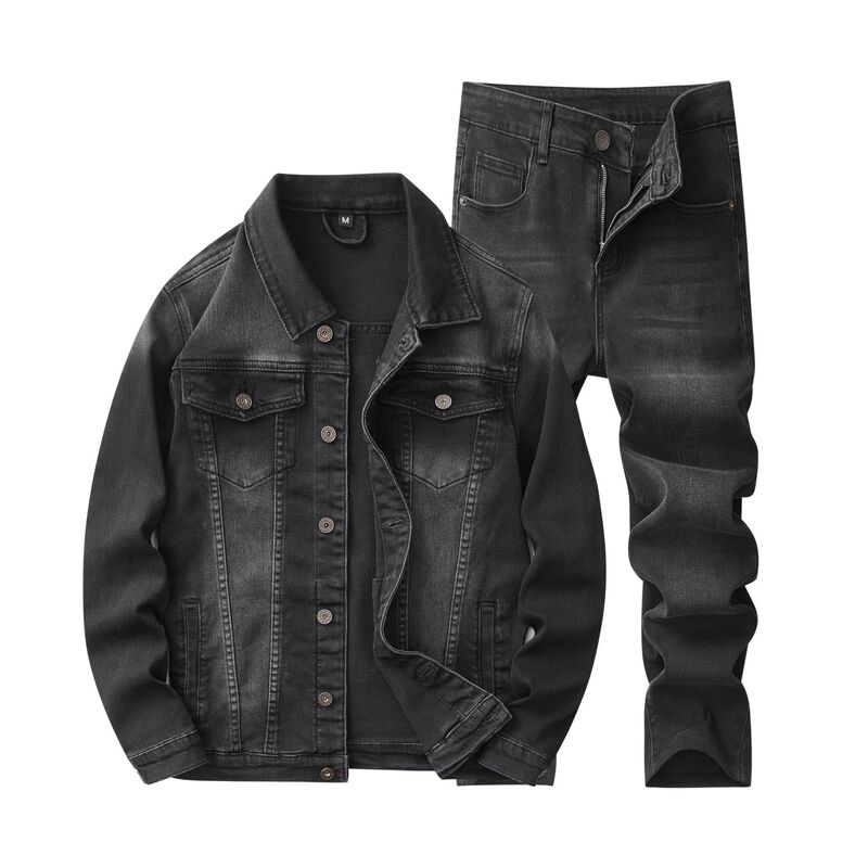 Men's Denim Suit, American Trendy Style, Washed Black and Gray Loose Denim Jacket Paired with Straight-Leg Jeans, Two-Piece Set Men's Denim Suit, American Trendy Style, Washed Black and Gray Loose Denim Jacket Paired with Straight-Leg Jeans, Two-Piece Set