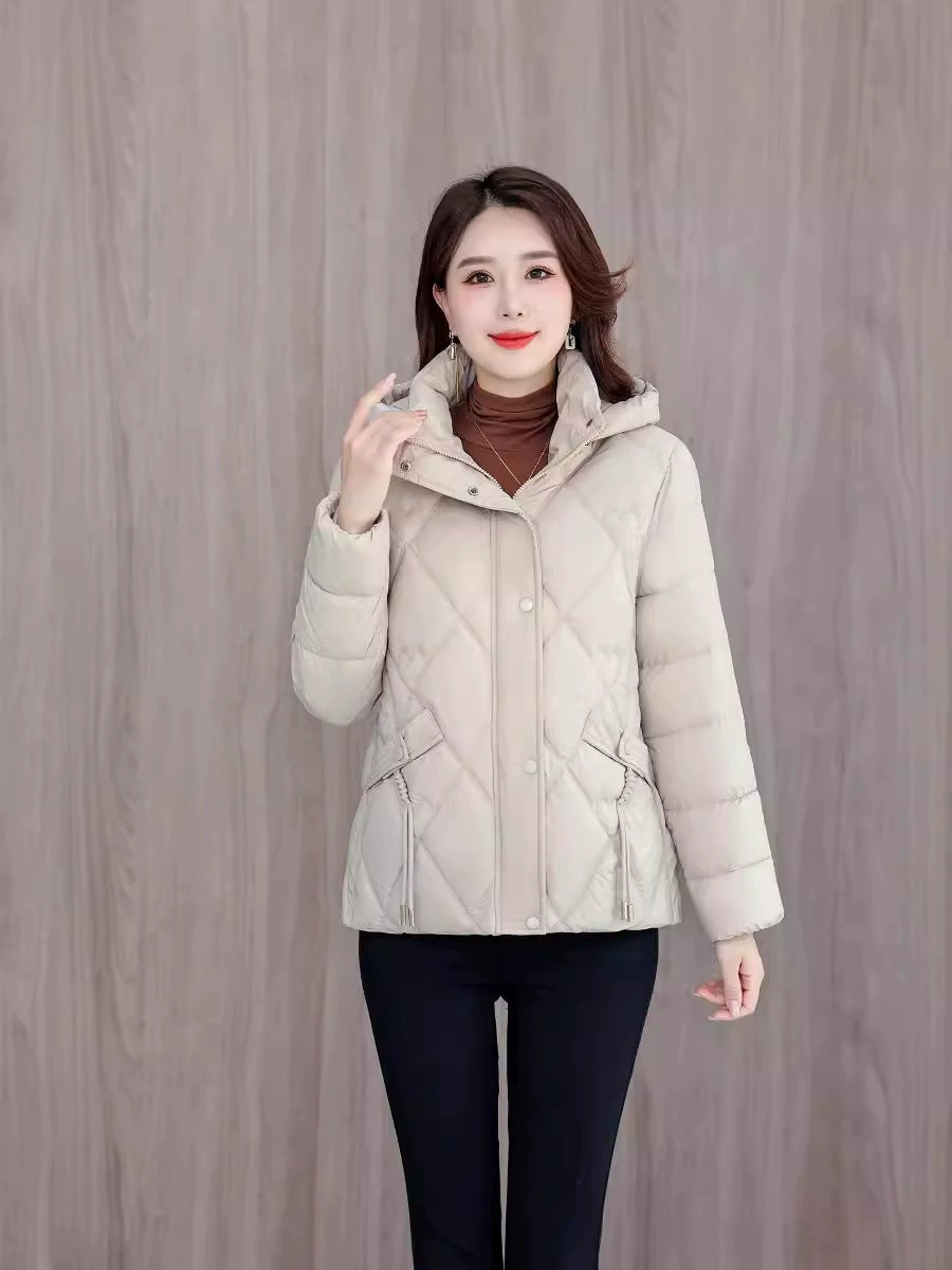 Winter short fitted warm down jacket with down with hood, Korean style, for middle age