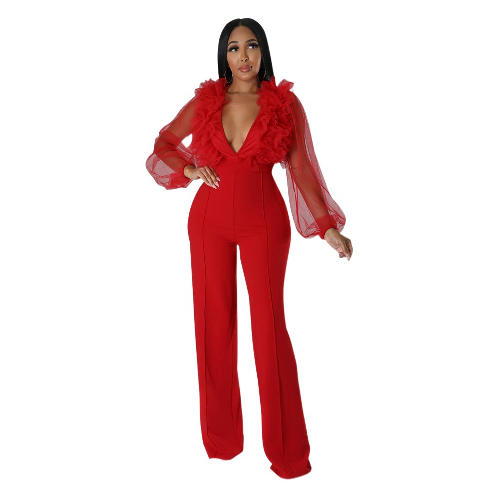 10368 ropa de mujer transfronteriza europea y americana Amazon estación independiente Pantalones de mujer populares malla linterna manga cuello en V mono sin espalda