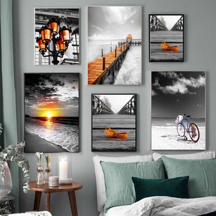 Retro art street lamp scenery oil canvas painting seaside sunset office wall painting living room home decoration painting core