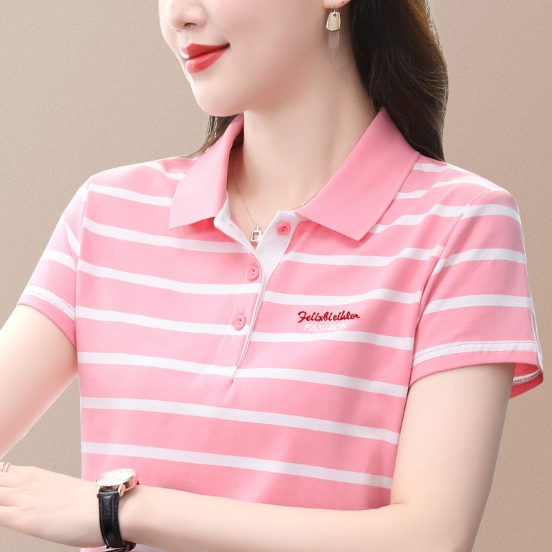 [95% Cotton, 5% Spandex] New Fashionable Lapel Casual Striped Short-Sleeve Polo Shirt for Middle-Aged Mothers, Slimming T-Shirt