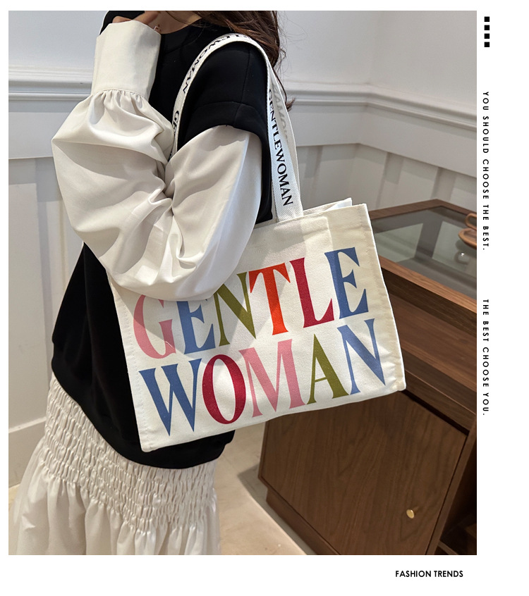 Large-capacity letter canvas bag 2025 new style ins printed versatile shoulder bag for commuting and portable ladies' tote bag full figure