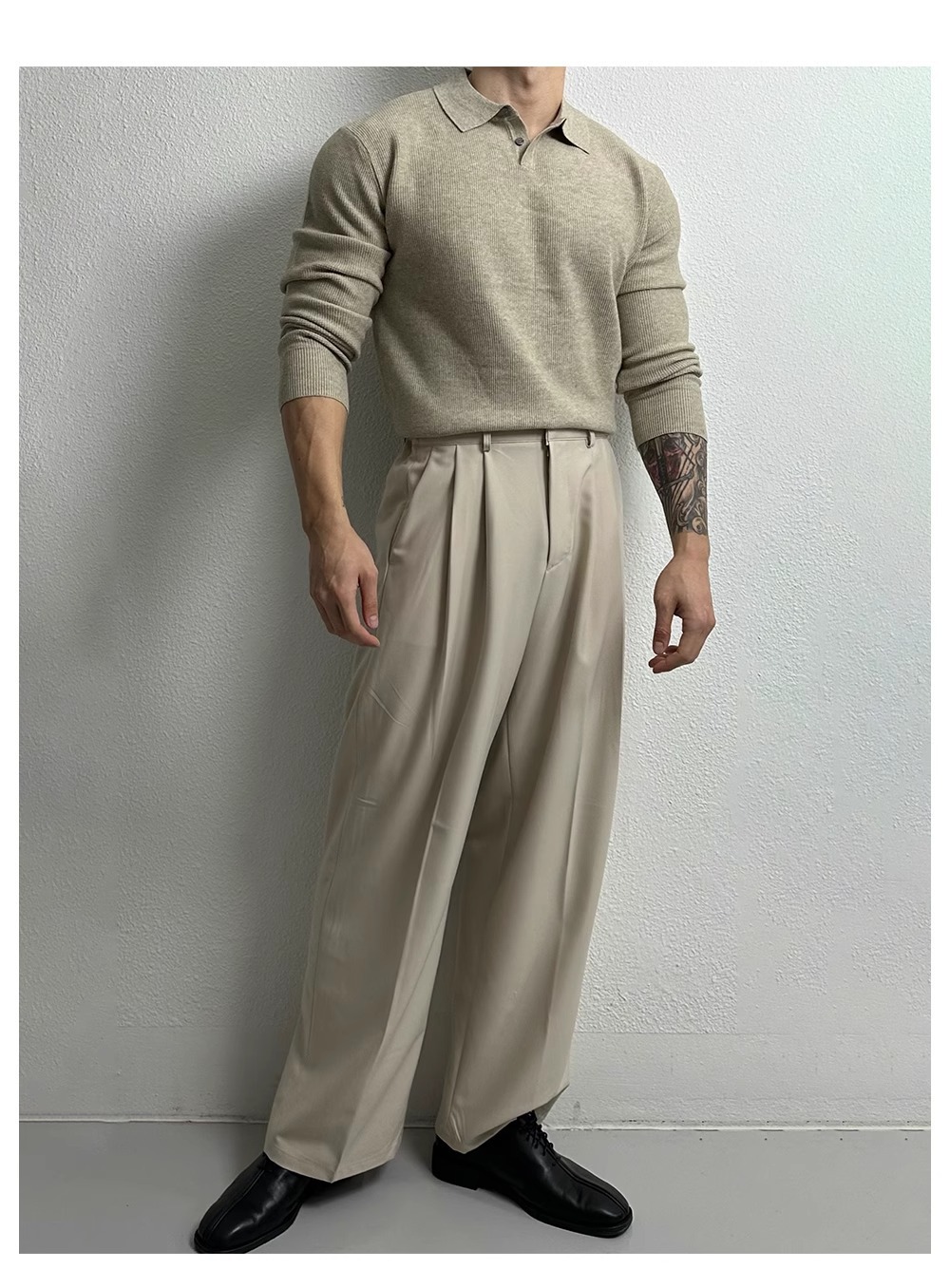 Oversized Polo Knit Sweater For Men – Business Casual Long Sleeve Pullover, Plus Size European Fit (Black/Beige/Gray)_viptrois.com