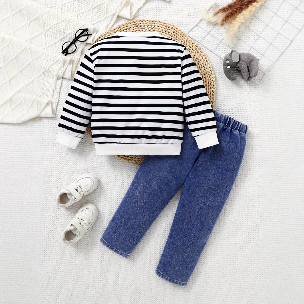 투피스 소년 줄무늬 코끼리 테이퍼 자수 크루 넥 긴 소매 스웨터 느슨한 허리 및 비스듬한 포켓 캐주얼 청바지