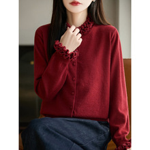 25秋冬新款木耳边圆领针织开衫长袖女纯色包扣宽松上衣针织外套女