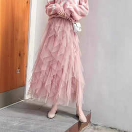 不规则网纱半身裙春夏秋百搭通勤高腰显瘦松紧腰A字中长款裙子女