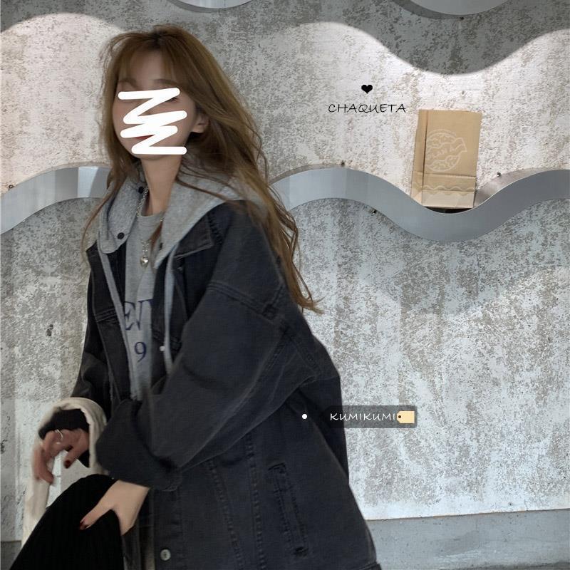 Detachable fake two-piece washed hooded Denim coat women's spring and autumn Korean style boyfriend student all-match loose jacket top