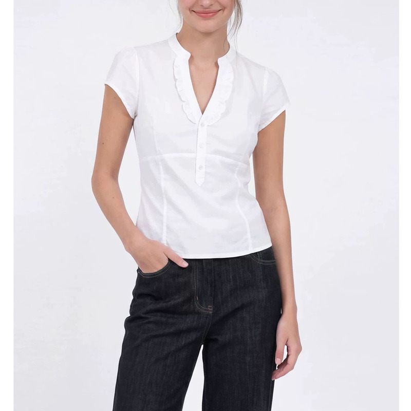 Factory 2026 Spring/Summer American Retro Lace V-Neck Button Waist Shirt White Short Sleeve Simple Versatile Top for Women