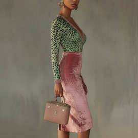 亚马逊欧美跨境秋季新款金丝绒拼接弹力修身包臀高腰连衣裙女