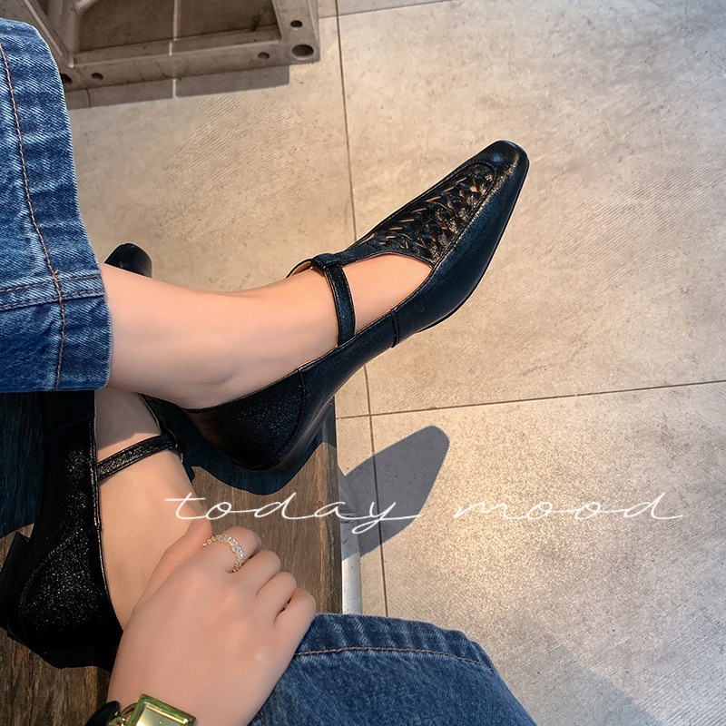 Giày Mary Jane nữ đan T-Strap da thật mũi vuông đế bệt — màu đen, bạc chi tiết 69