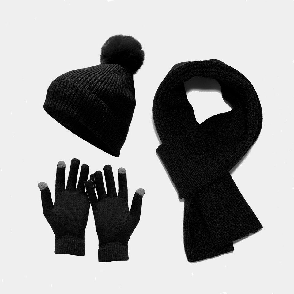 Otoño e invierno nuevas mujeres de punto sombrero bufanda guantes de tres piezas al aire libre engrosada Bola de piel caliente traje de lana sombrero