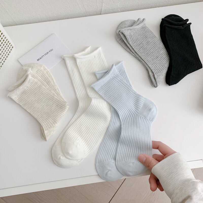 Mekki 25 Socks for Women Spring and Summer New Pure Color Breathable Pile Socks Vertical Strips High-Value Casual Combed Cotton for Women