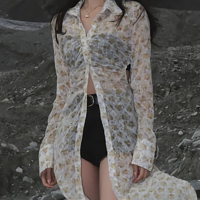 松紧腰中长款衬衫女夏季新款洋气漂亮宽松衬衣设计感皱褶碎花上衣