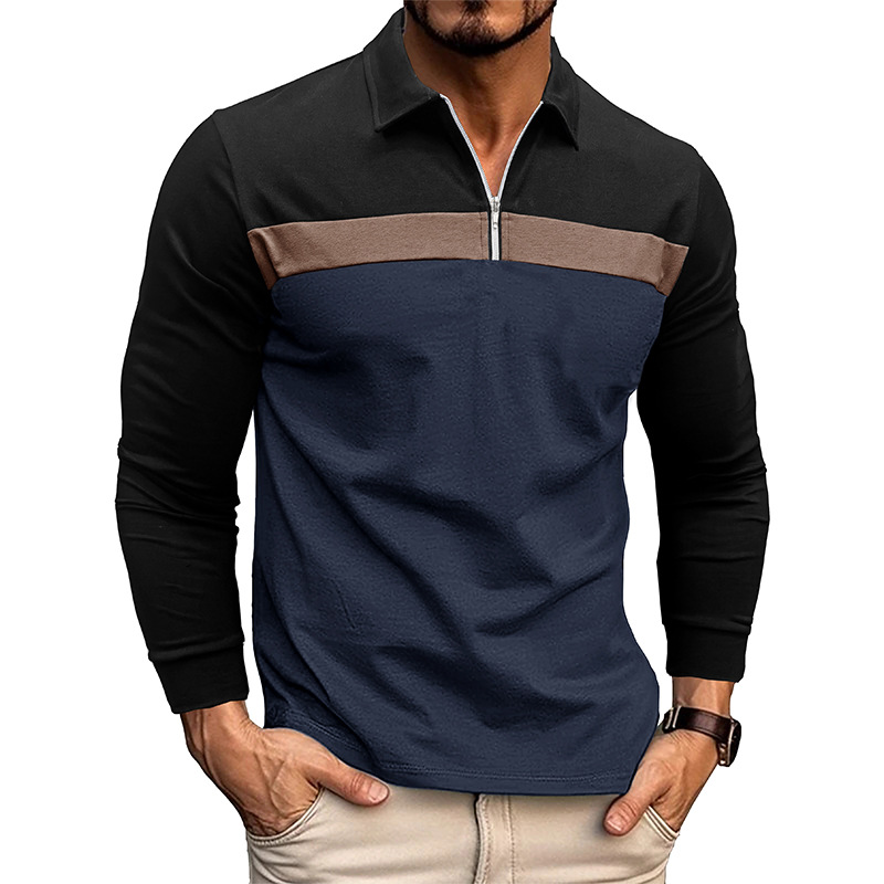 Nueva camisa de polo de costura de solapa Comercio exterior Camiseta de manga larga para hombre 2023 Otoño e Invierno