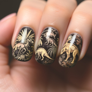 Fantasy Jurassic Dinosaur Graffiti Design Short Square Black Manicure Wearable Nails Retro Style Nail Patch