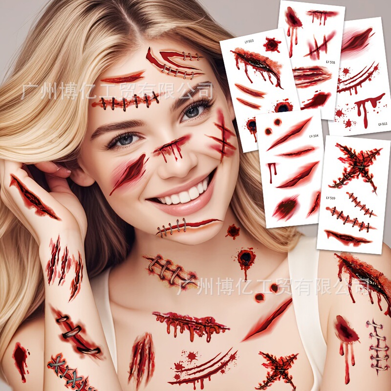 Halloween 3D Fake Blood Wound Temporary Tattoo Sticker Realistic Horror Zombie Party Dress up Prank