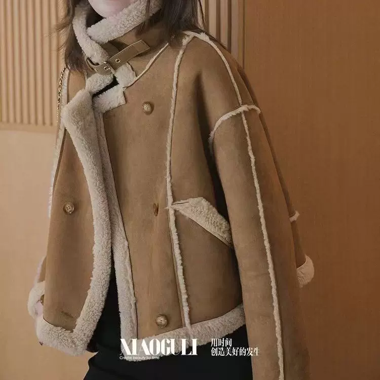羊羔外套小个子皮毛一体冬季高级新款2024机车加厚短款棉服美拉德