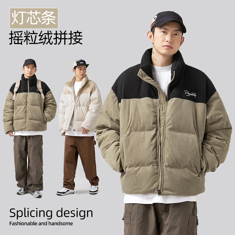 Contraste de color material diferente costura diseño pan abrigo invierno engrosada abrigo de algodón acolchado marca de moda PANA abrigo de algodón acolchado Q