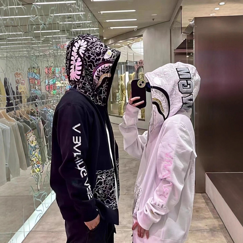 2025 New Cross-Border Wholesale Luxury Gold Bape Trendy Brand Shark Double-Hooded Zip-Up Sweatshirt Jacket