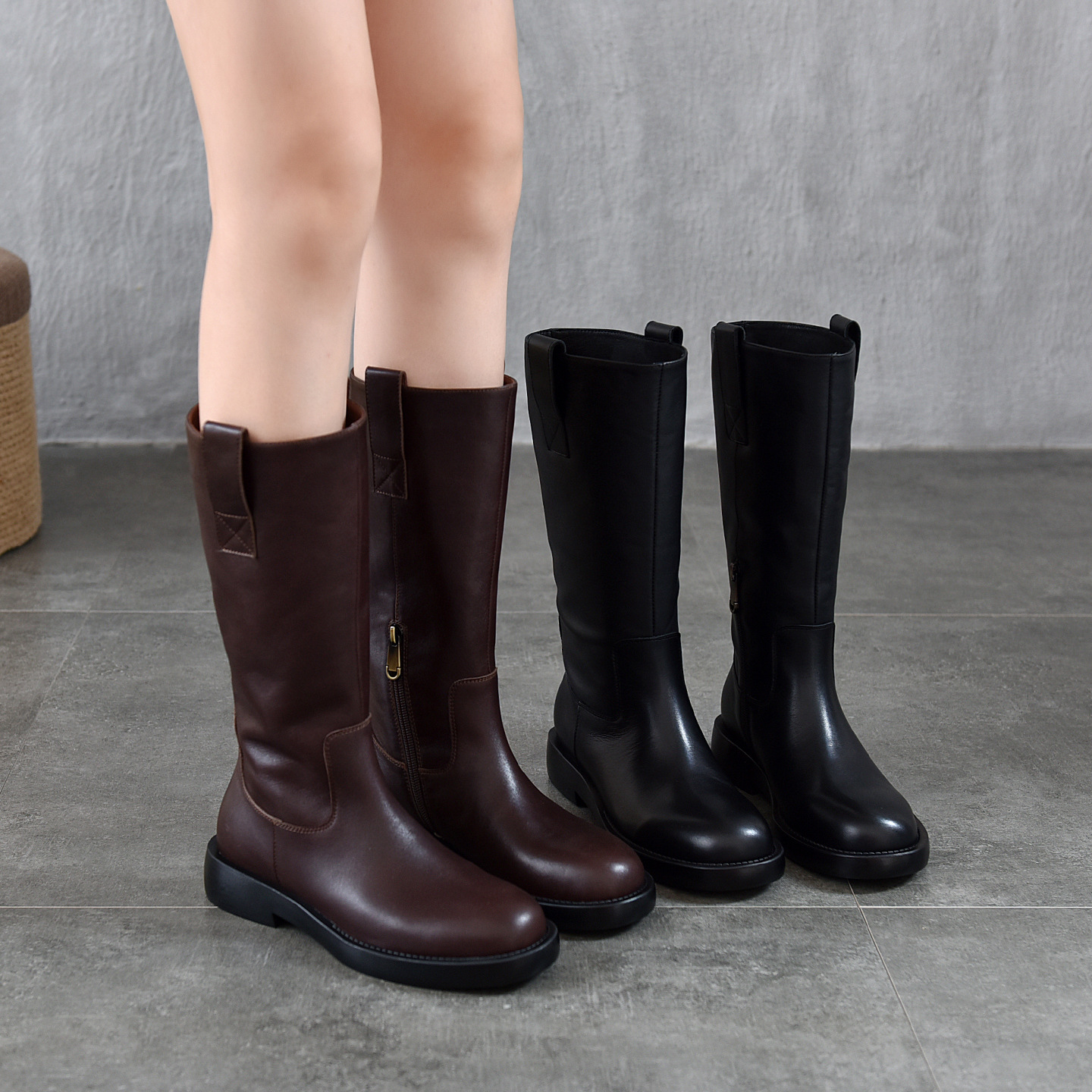 高品质里外全皮头层牛皮英伦风高筒靴2025新秋冬圆头真皮显瘦长靴